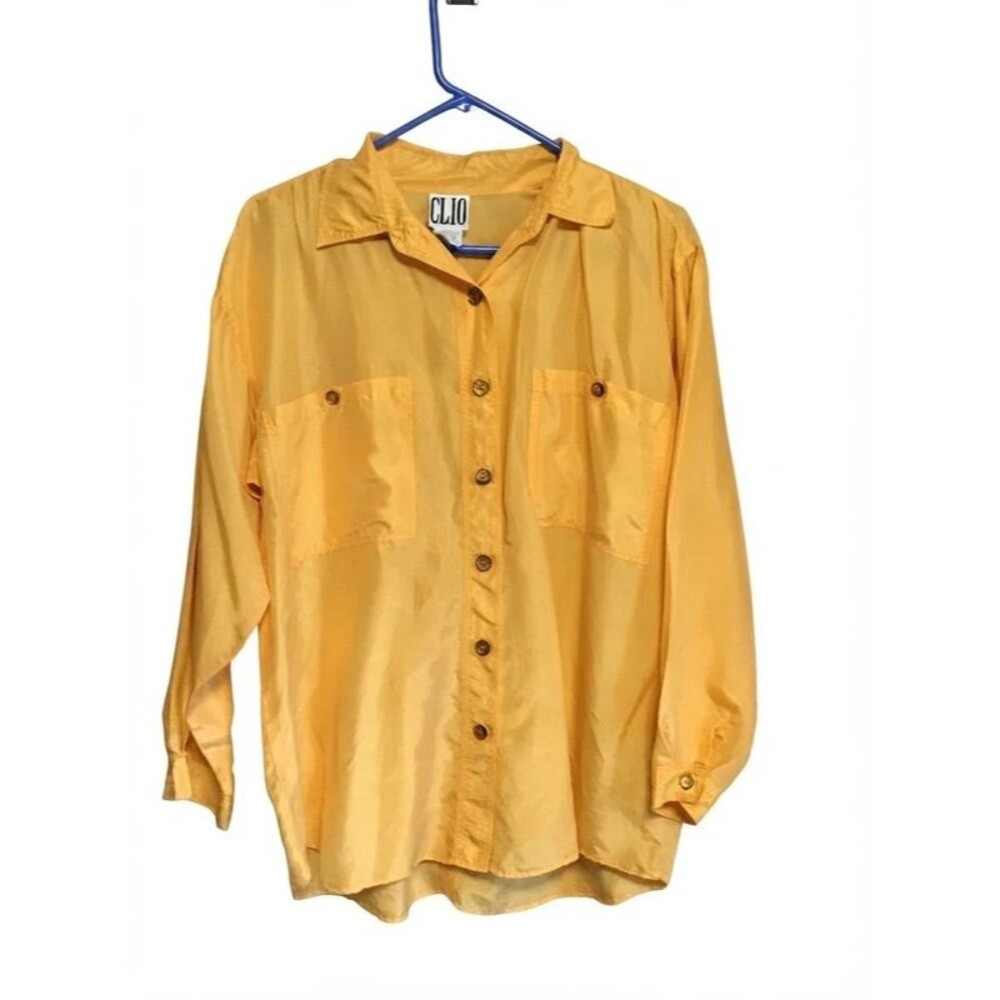 Clio Vintage 100% Pure Silk Yellow Button Down Blouse Size S